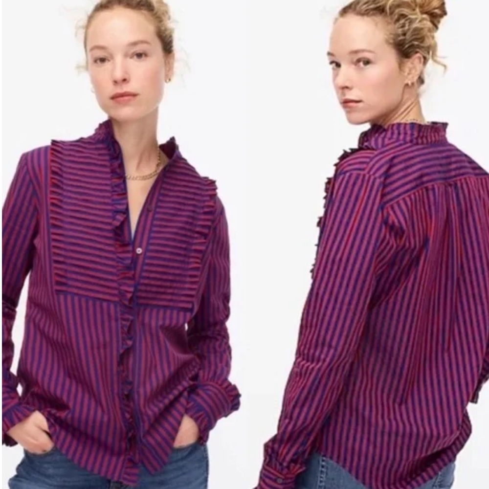 *NWOT* J.CREW Ruffle Trim Red & Blue Tuxedo Pleat Button Shirt — S — 100% Cotton